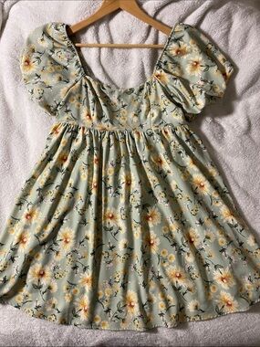 Altar'd State Bristol Puff Sleeve Mini Dress in sage green floral print